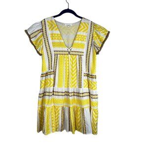 THML Flutter Embroidered Dress Yellow M Boho Indie Folk Preppy Chic Aztec Fringe